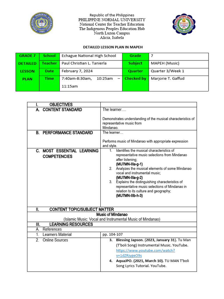 Grade 7 MAPEH Lesson Plan: Music of Mindanao | PDF | Art