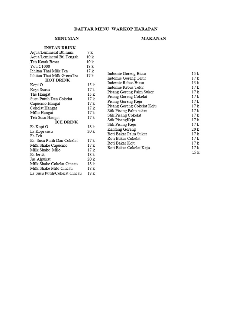Daftar Menu Warkop Harapan 2023 | PDF