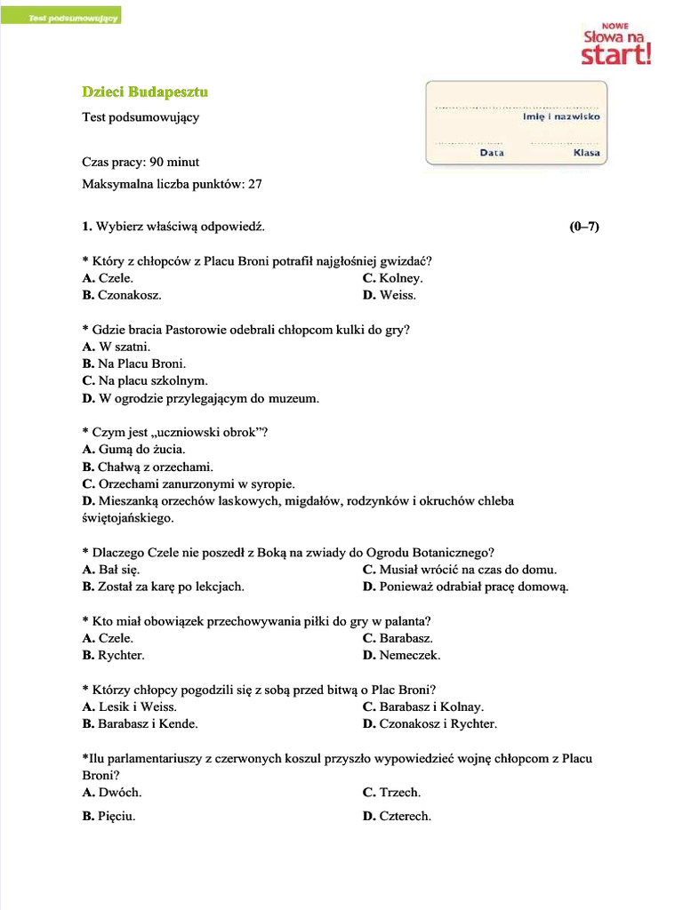 Cukierku Ty łobuzie Test I Odpowiedzi PDF Chlopcy Z Placu Broni Lektura Obowiazkowa Test Podsumowujacy