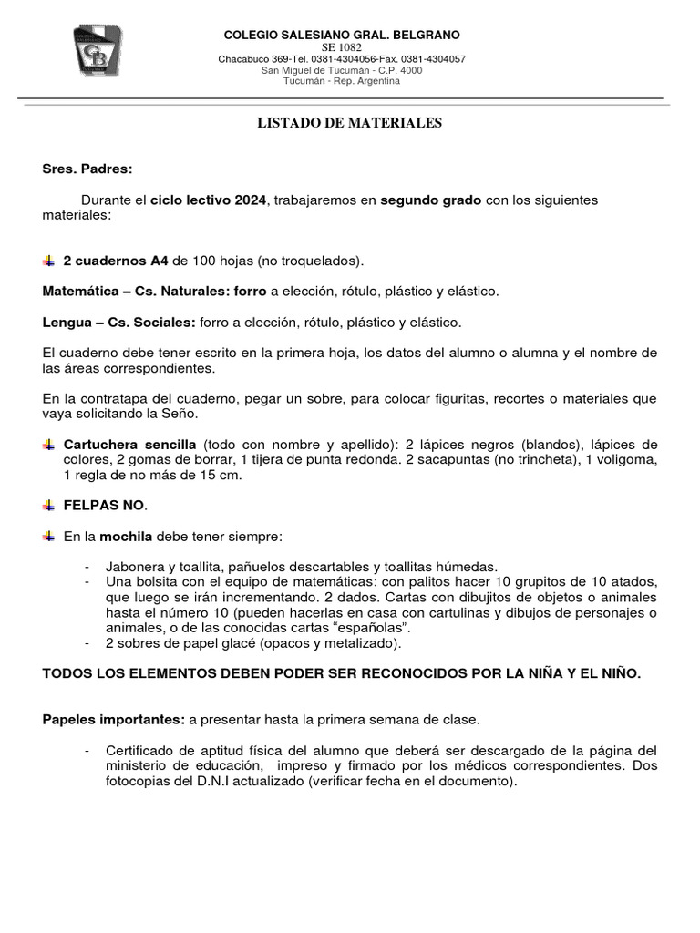 Listado de Materiales 2 Grado 2024 | PDF