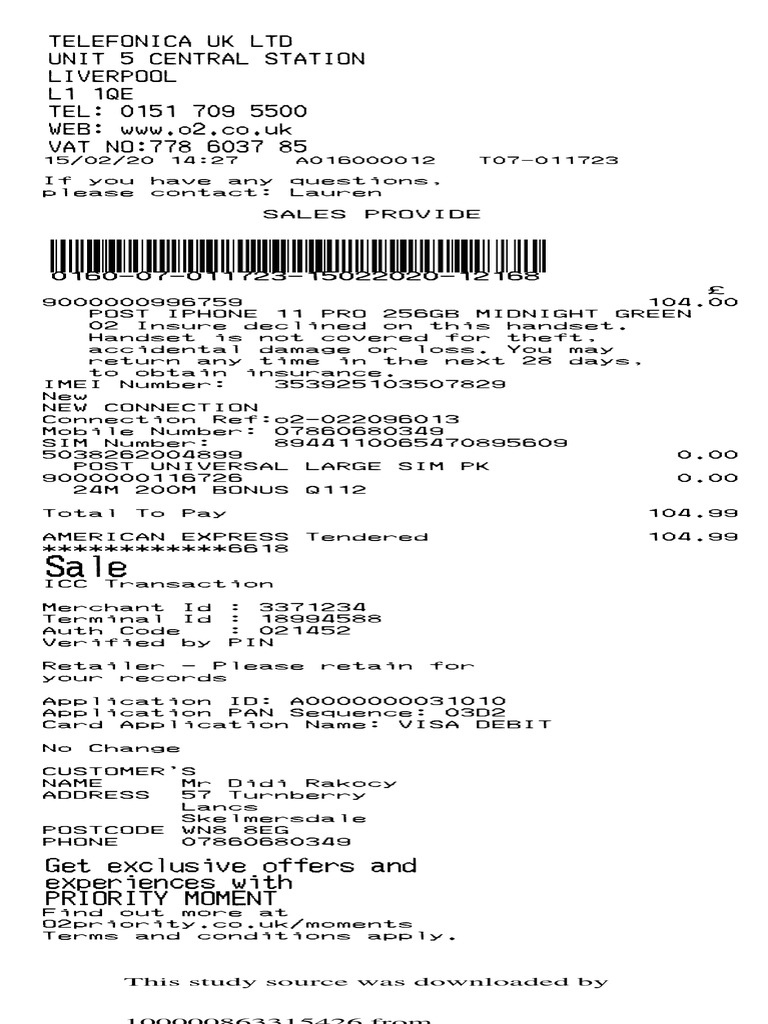 O2 Mobile Contract Receipt Details | PDF | Business