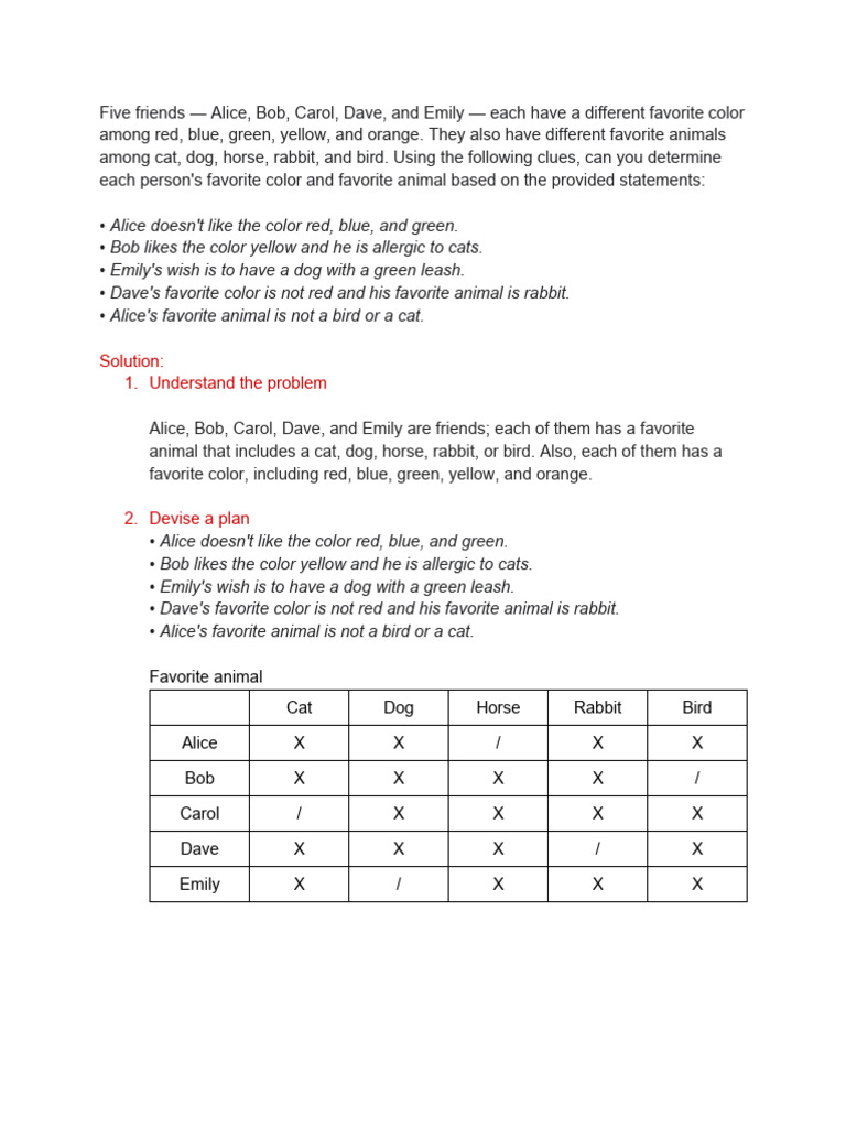 Logic Puzzle: Match Colors & Animals | PDF | Color | Green