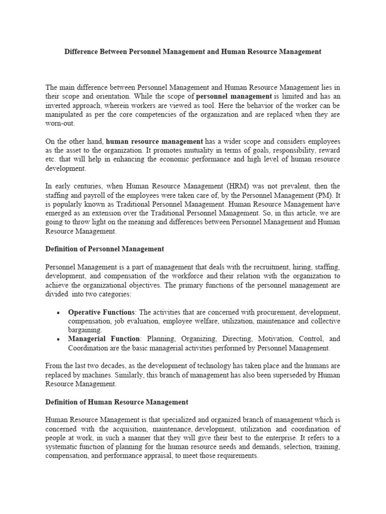 Difference Between Personnel Management and Human Resource Management