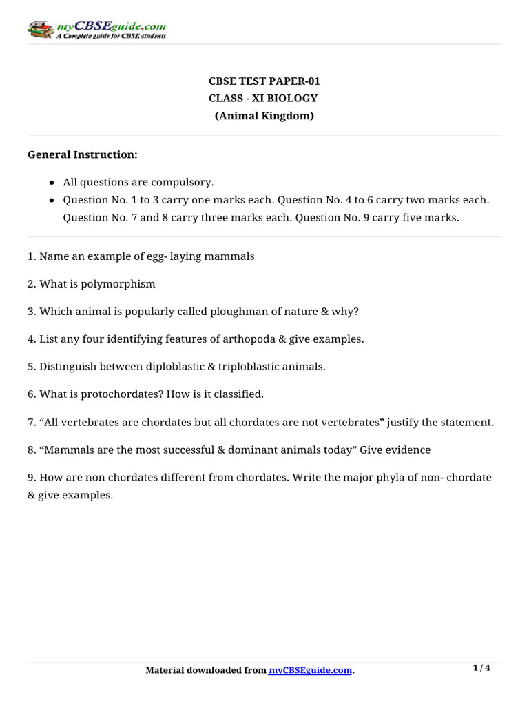 11 Biology Test Paper Ch4 1 | PDF | Vertebrates | Mollusca