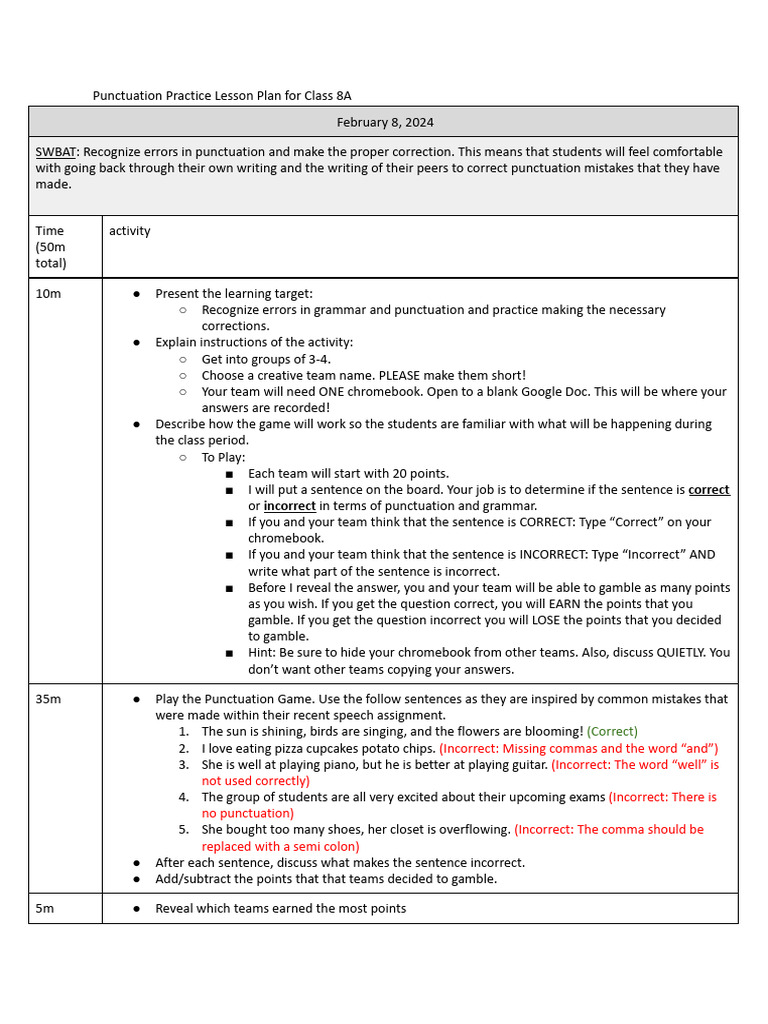 Lesson Plan Punctuation Activity PDF
