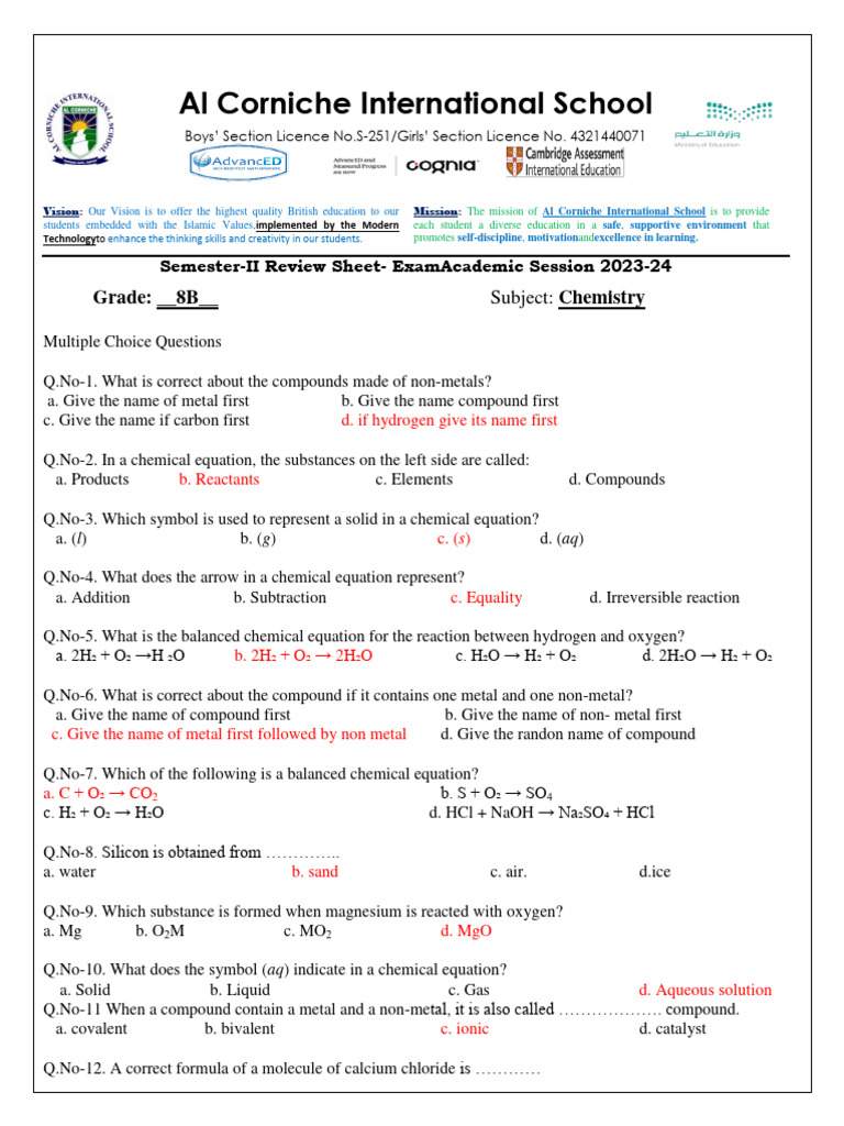 Key - G 8 - Chemistry - RS - S 2 Exam - 2023 24 | PDF | Chlorine ...