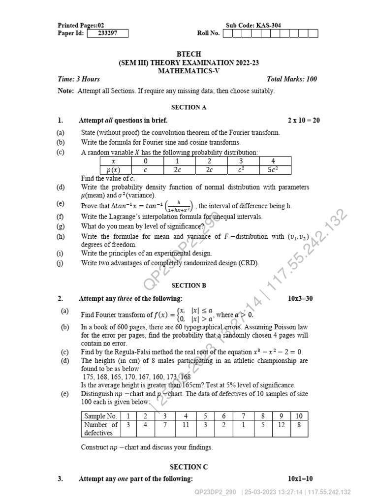 KAS-304 Mathematics-V Exam Paper | PDF | Probability Distribution ...
