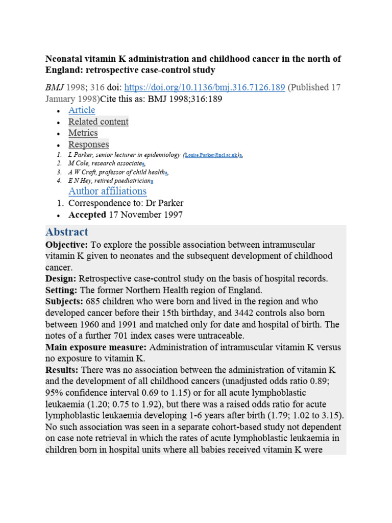 Neonatal Vitamin K Administration and Childhood Cancer in The North of England PDF Leukemia