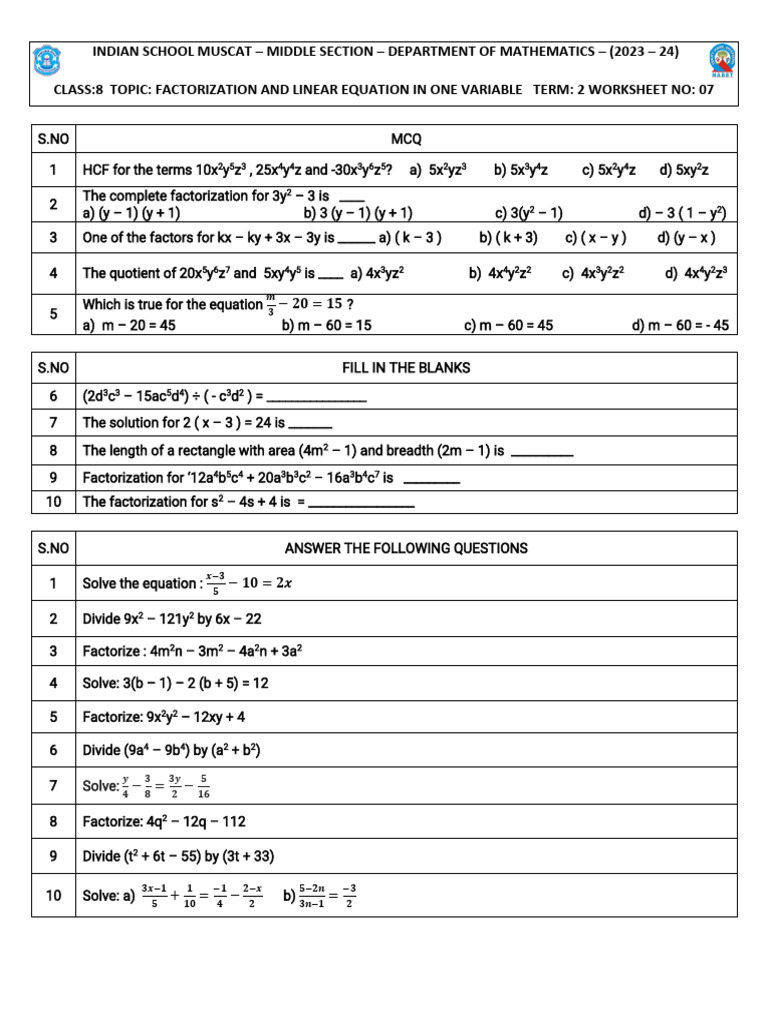 Class 8 - Factorization and Linear Equatin in One - 240118 - 194452 ...