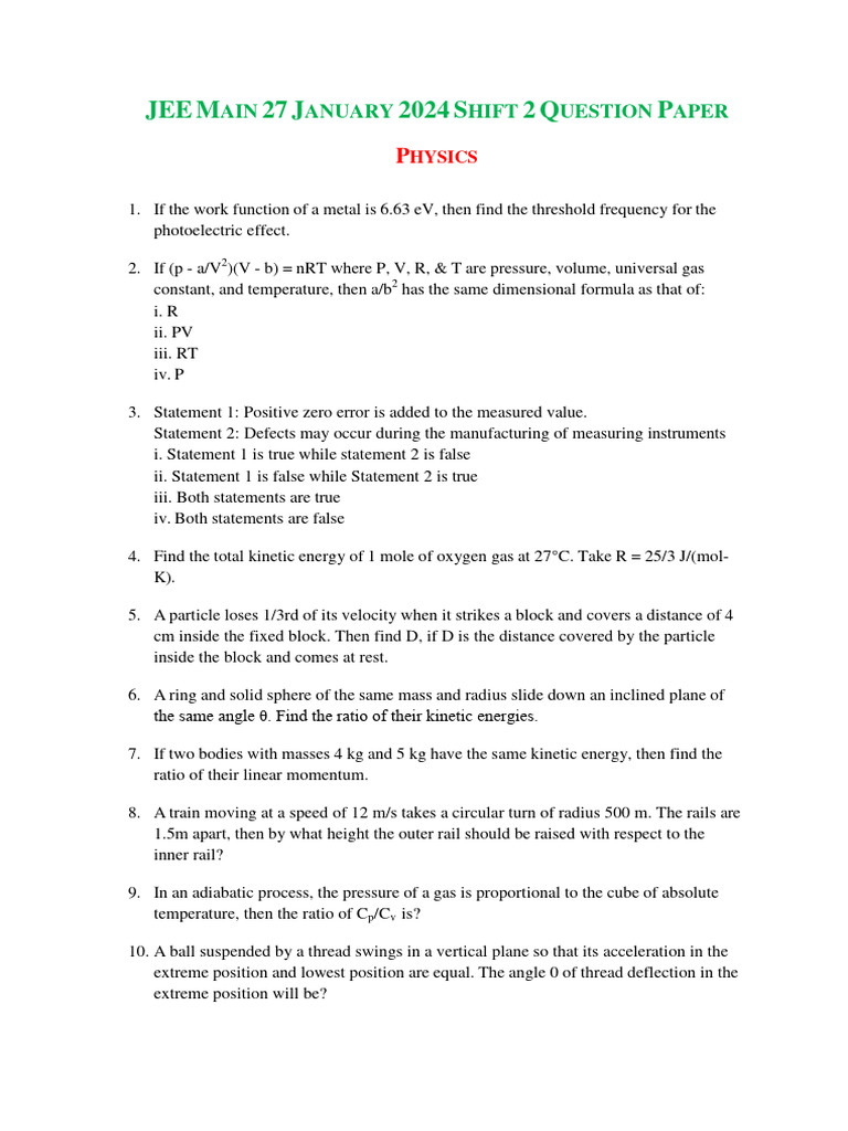 JEE MAIN 27 JANUARY 2024 SHIFT 2 QUESTION PAPER - Physics | PDF | Gases ...