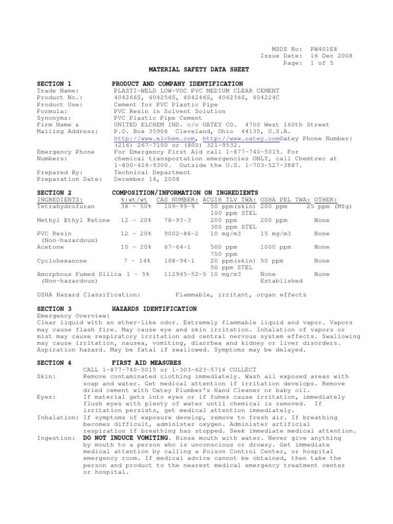 Low-VOC PVC Cement Safety Data Sheet | PDF | Volatile Organic Compound ...