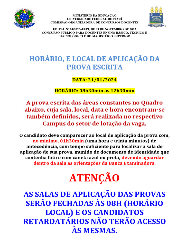Horario e Local Da Prova Escrita - Ed 14 2023 | PDF