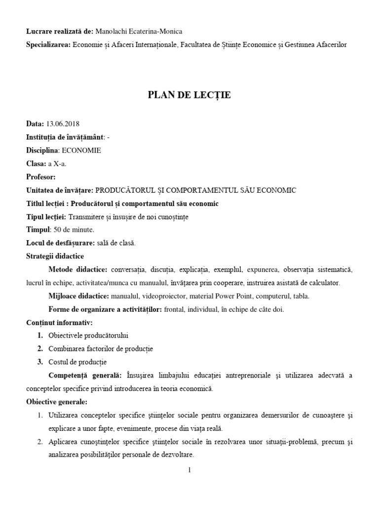 Plan de Lectie 3 Manolachi Ecaterina-Monica, EAI, FSEGA | PDF
