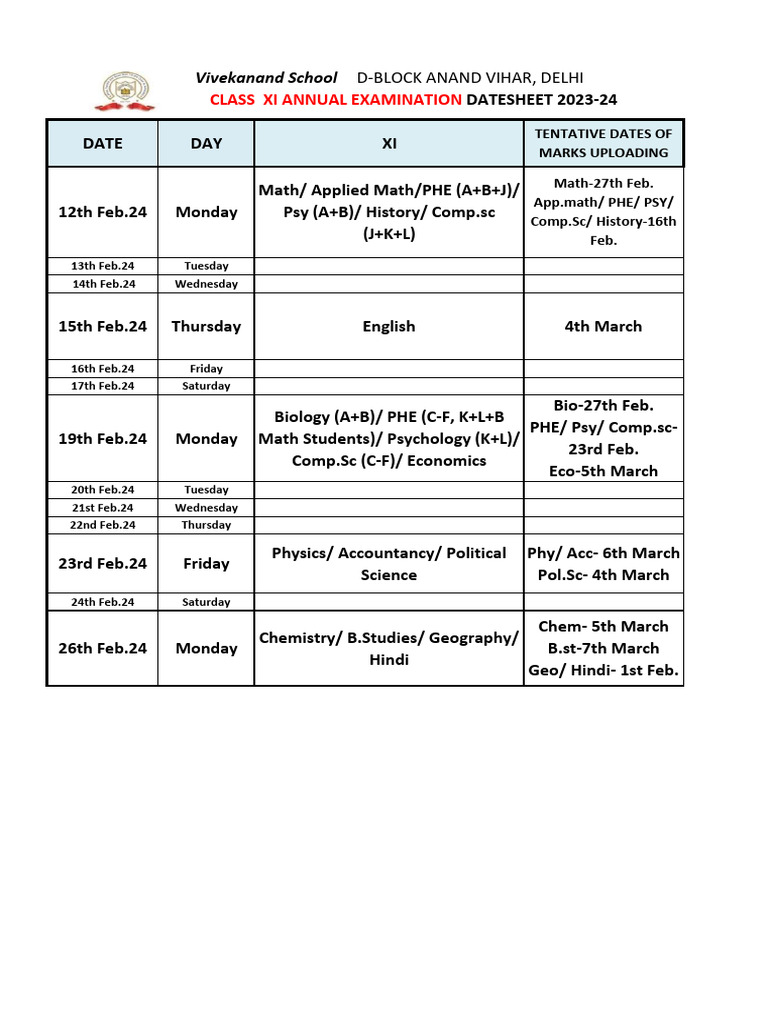 Class Xi Annual Exam Datesheet 2023 24 Pdf