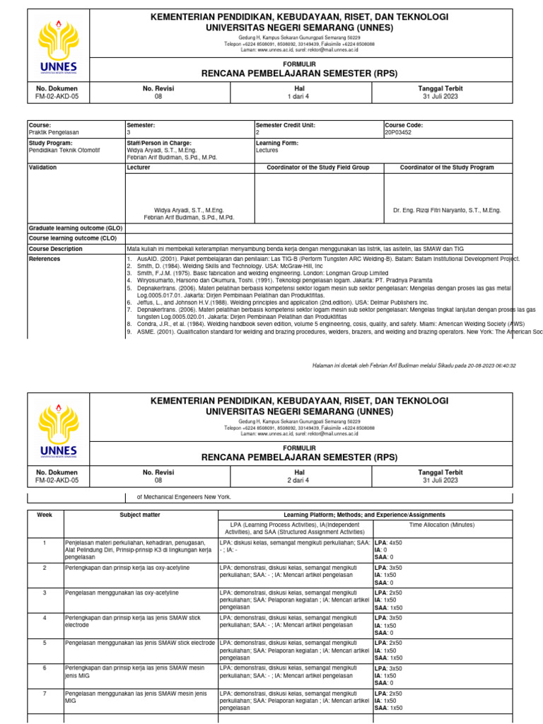 RPS-Praktik Pengelasan | PDF