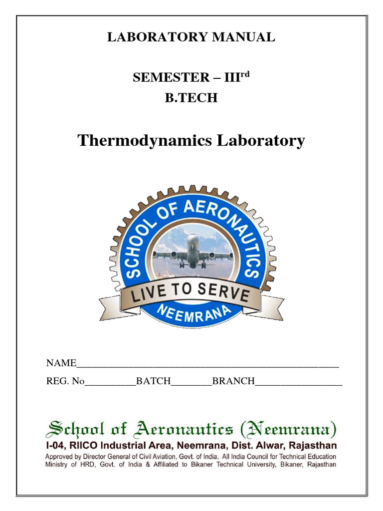 LABORATORY MANUAL COVER Thermodynamics Laboratory PDF