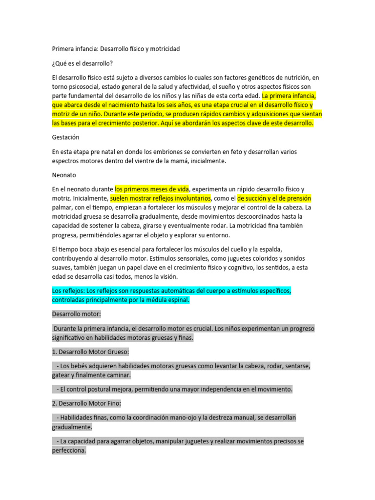 Desarrollo físico en la primera infancia | PDF | Conceptos psicologicos ...