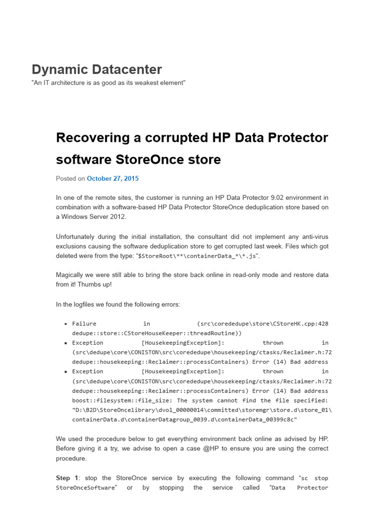 Recovering A Corrupted HP Data Protector Software StoreOnce Store ...