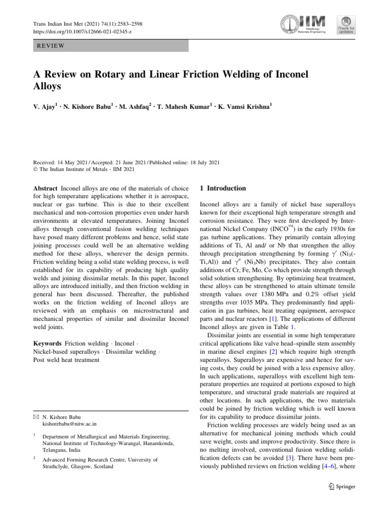 Inconel Friction Welding Review | PDF | Construction | Welding
