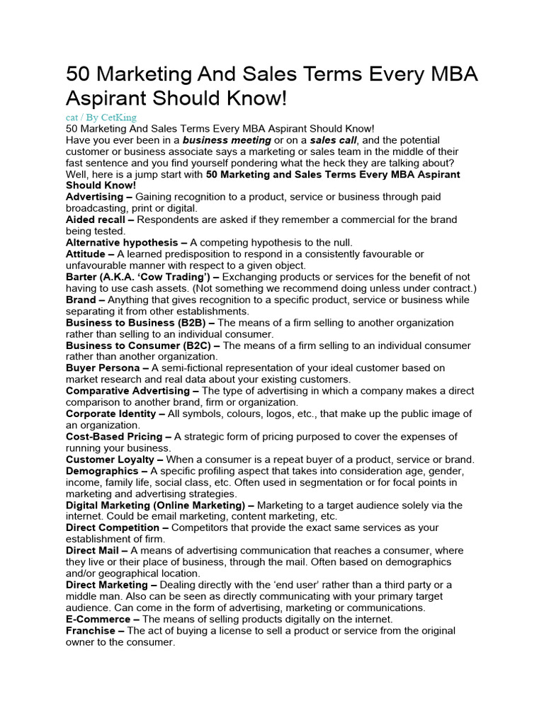 Key Marketing Terms for MBA Aspirants | PDF | Marketing | Search Engine ...