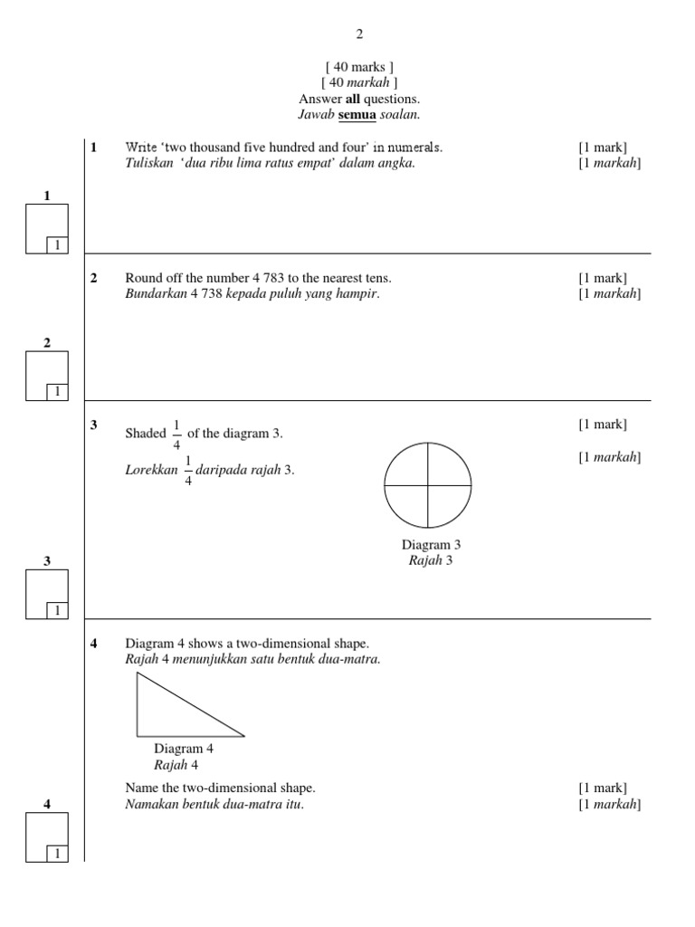 Soalan peperiksaan matematik tahun 3 kertas 2, year 3 