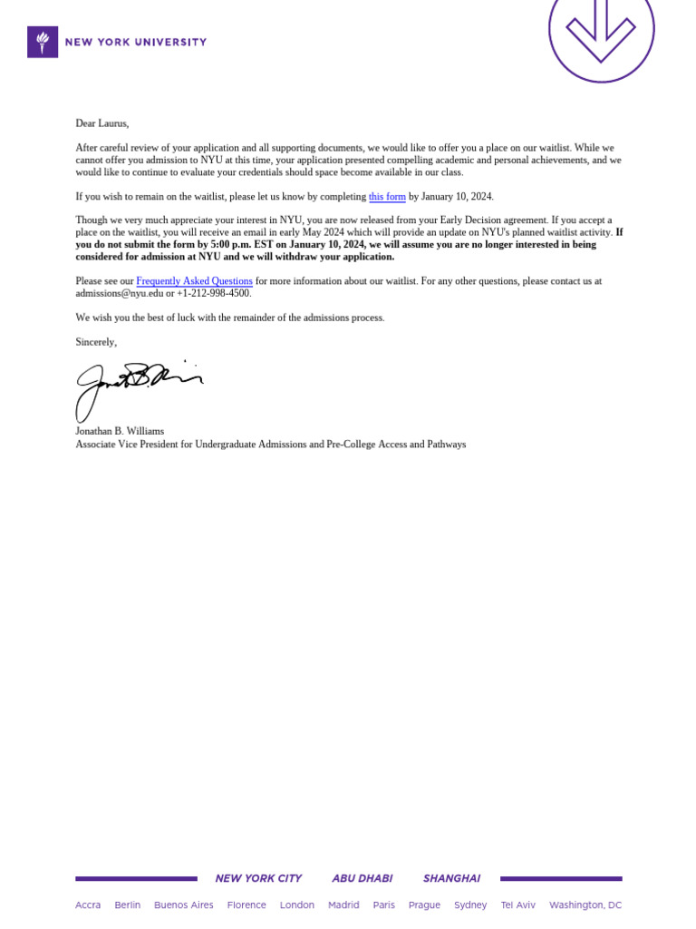 Nyu Waitlist Letter PDF