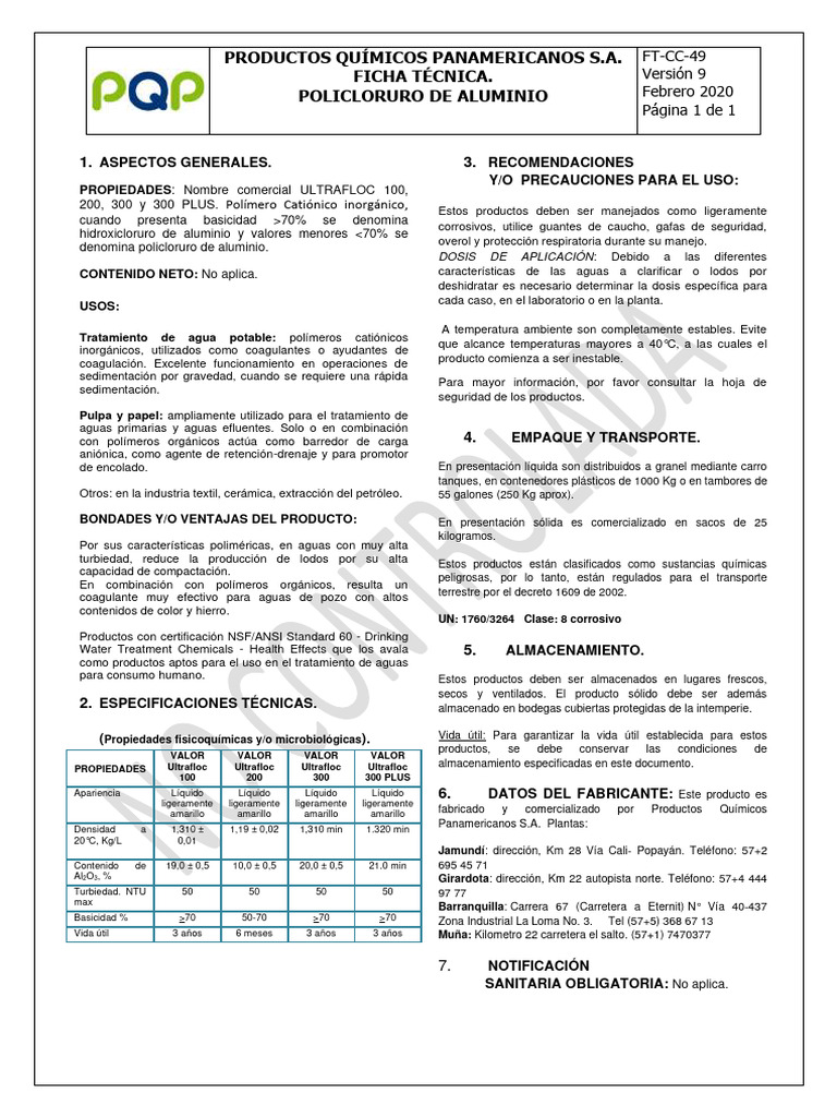 FT-CC-49 Policloruro de Aluminio-Ultrafloc 100 200 300 y 300 PLUS | PDF ...