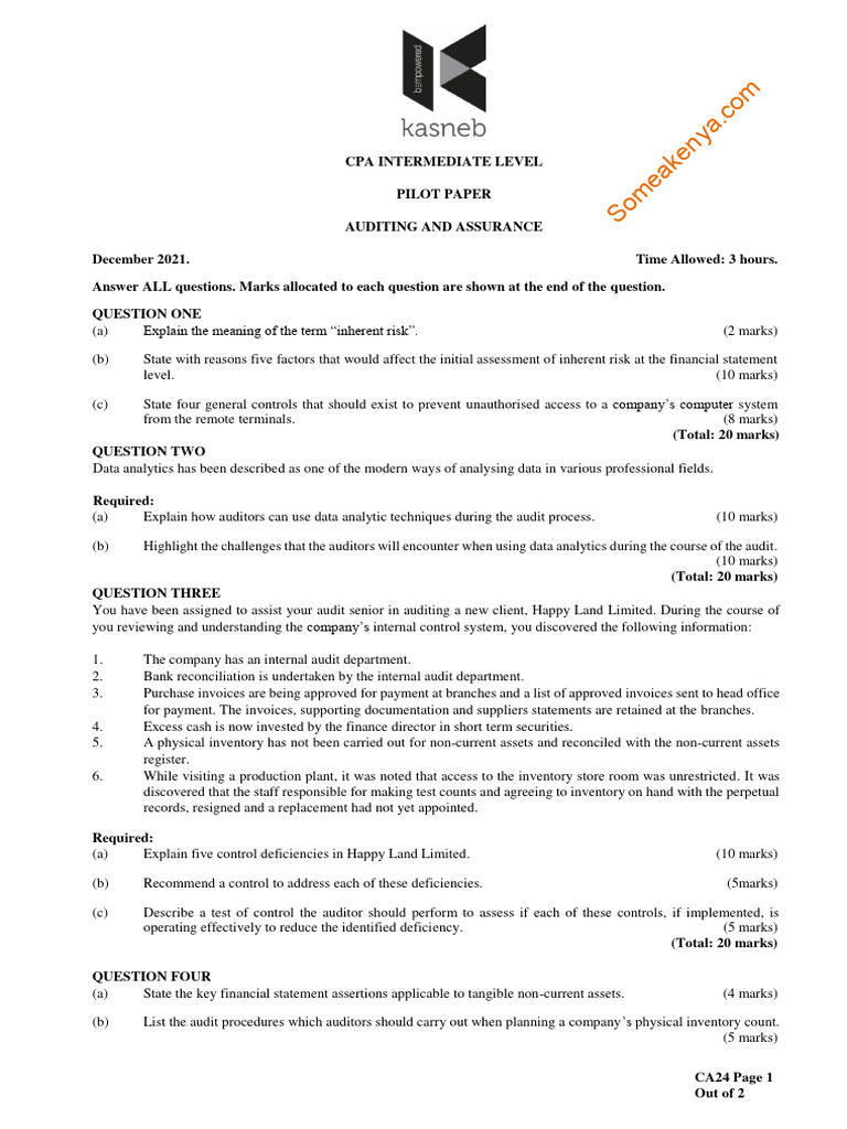 CA24 Auditing and Assurance Pilot Paper | PDF | Audit | Internal Audit