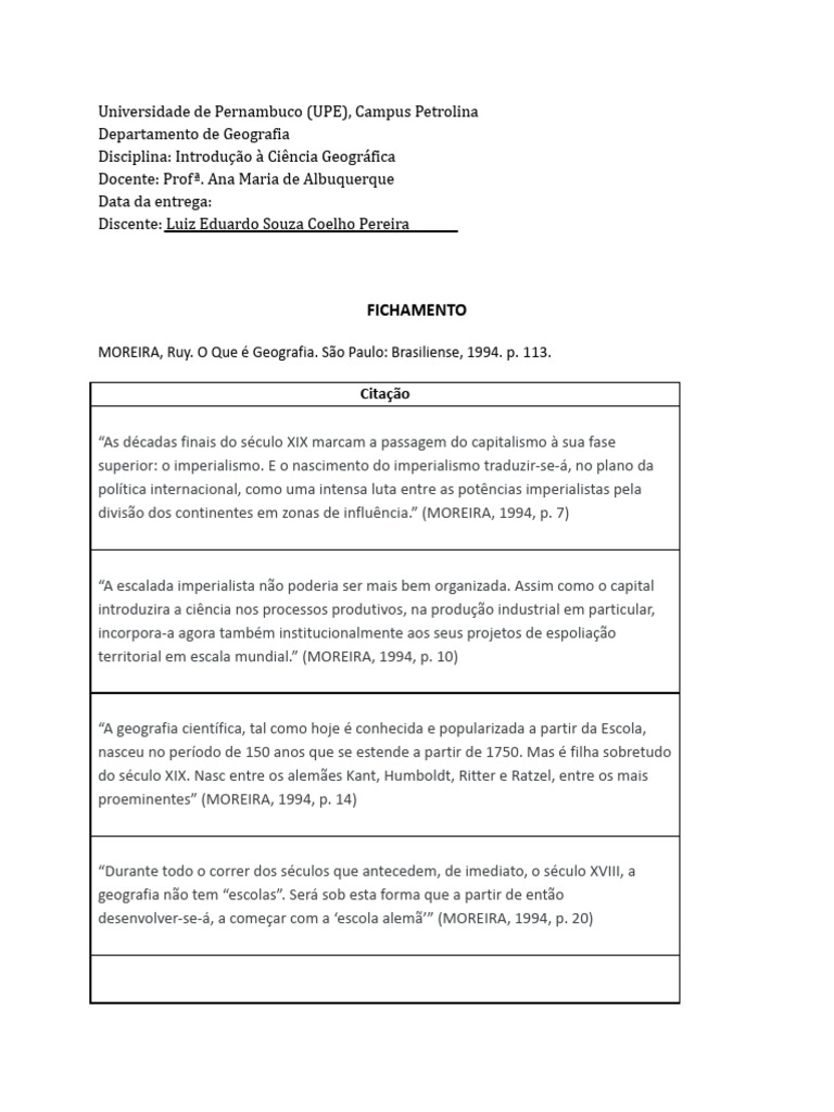 Fichamento o Que É Geografia Luiz Eduardo | Download grátis PDF ...