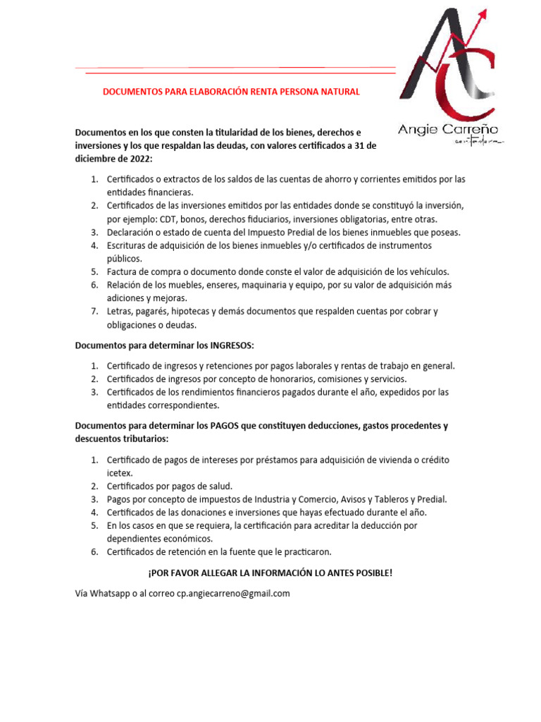 Documentos para Elaboración Renta Persona Natural 2022 | PDF