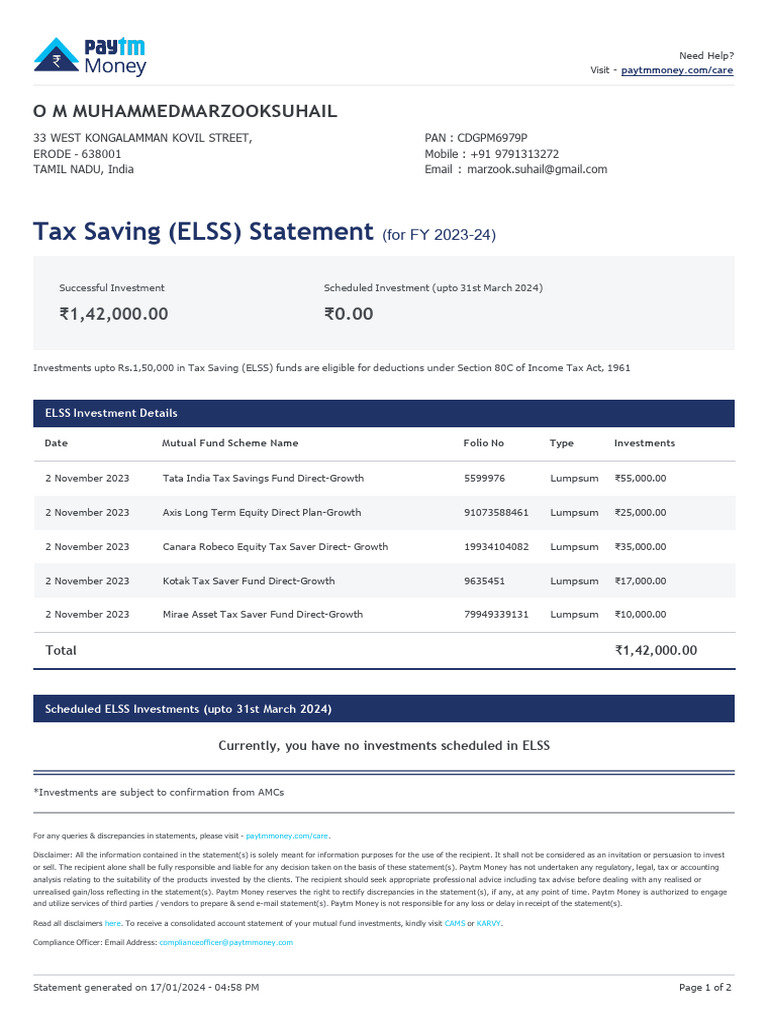Elss statement 80c fy24 pdf investing taxes