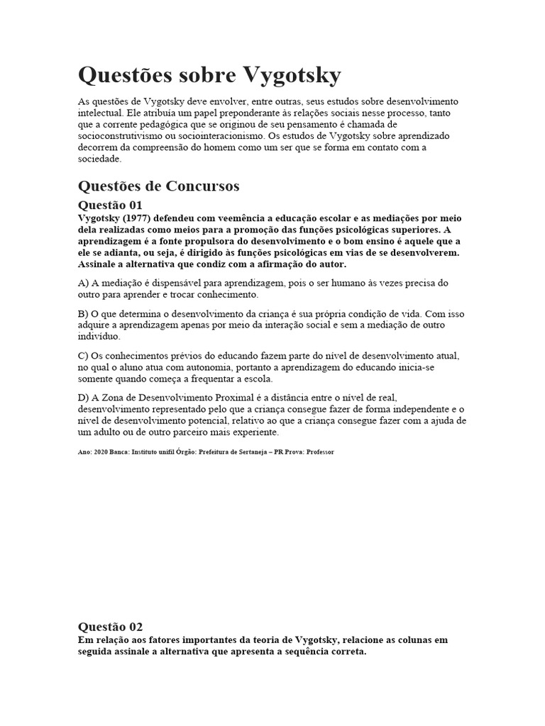 Questões sobre Vygotsky e Aprendizagem | PDF | Aprendizado | Psicologia