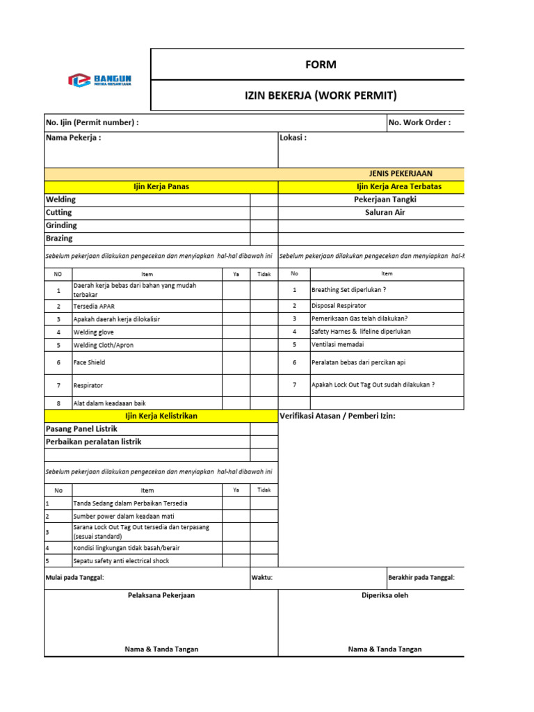 Contoh Formulir Izin Kerja K3 | PDF