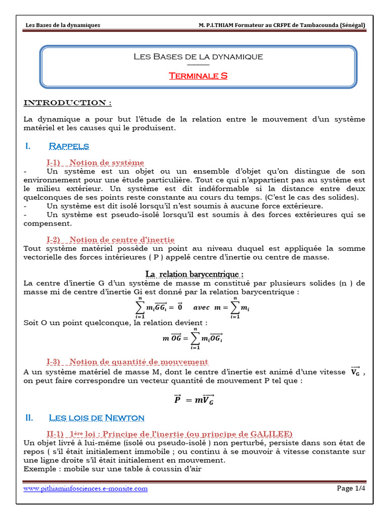 Bases de la dynamique en physique | PDF | Centre d'inertie | Lois du ...
