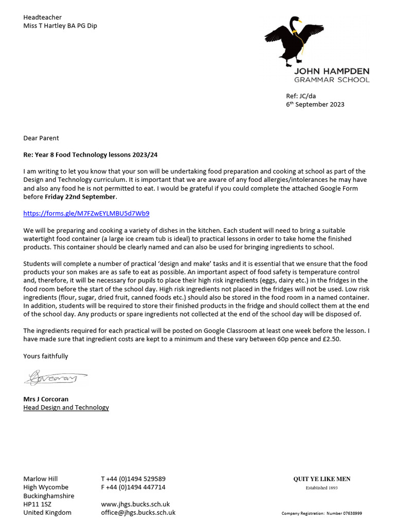 Y8 Food Allergies Intolerances Letter Sept 23 1 | PDF | Food And Drink ...