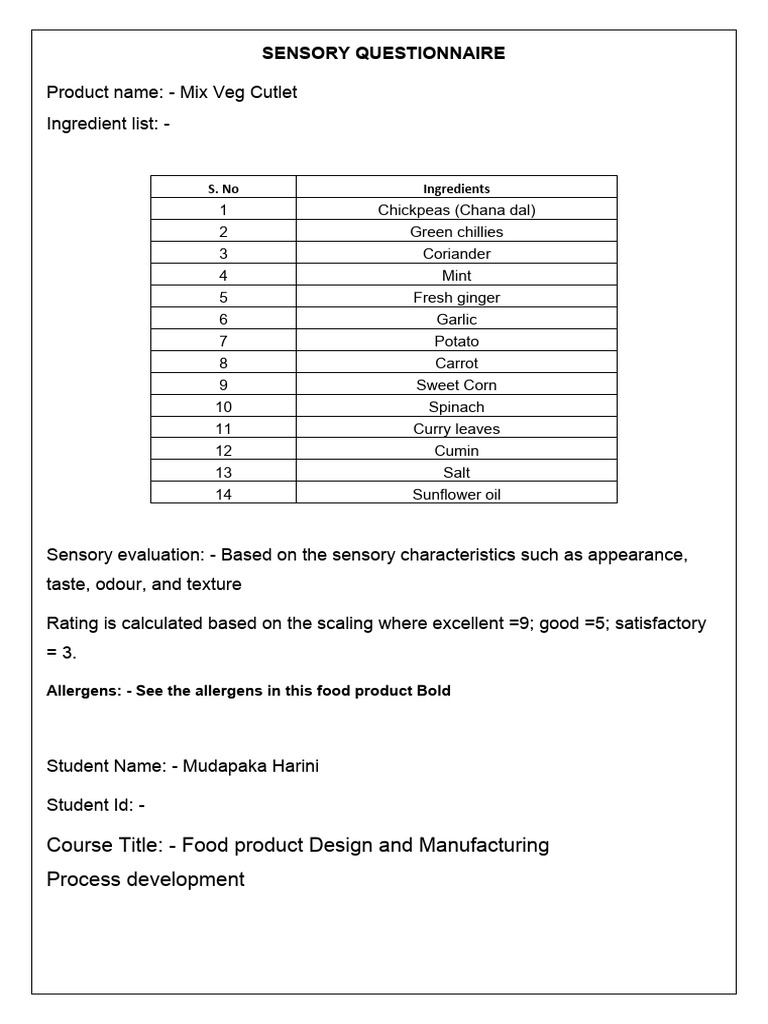 Sensory Evaluation of Mix Veg Cutlet | PDF | Taste | Odor