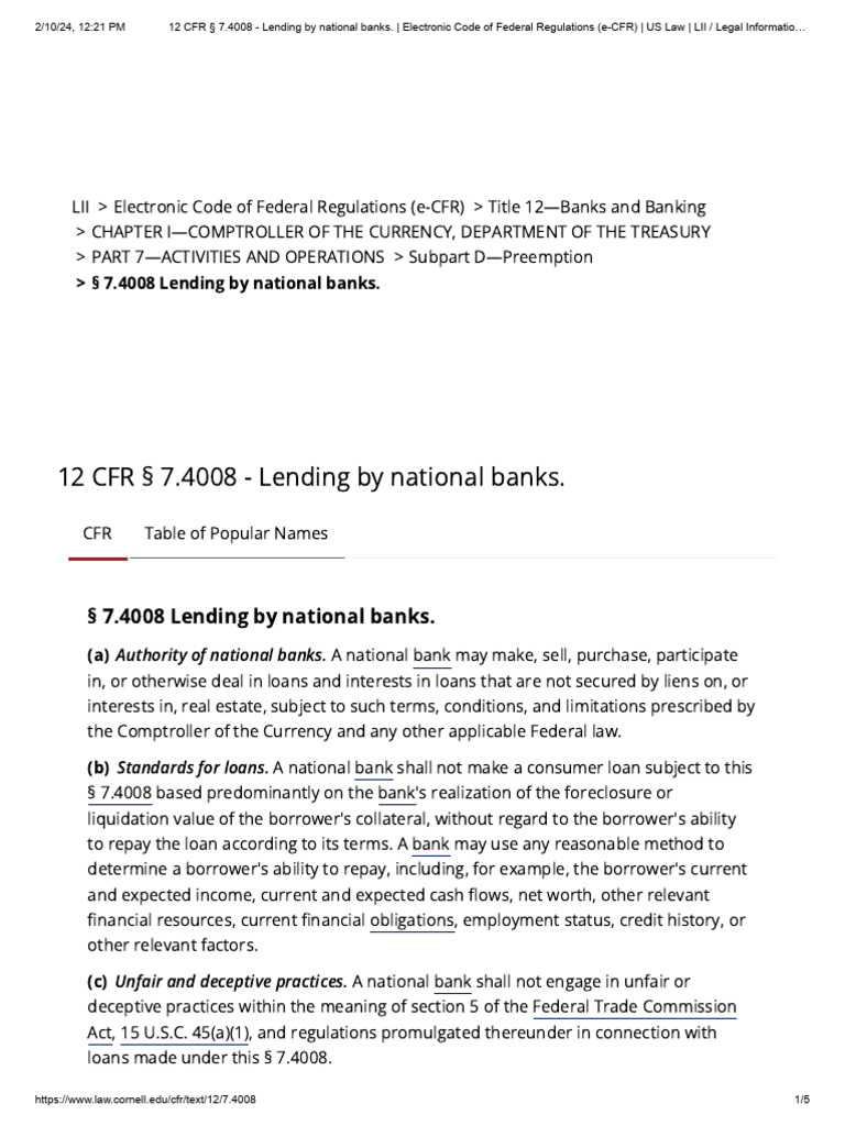 12 cfr 7 4008 lending by national banks electronic code of federal