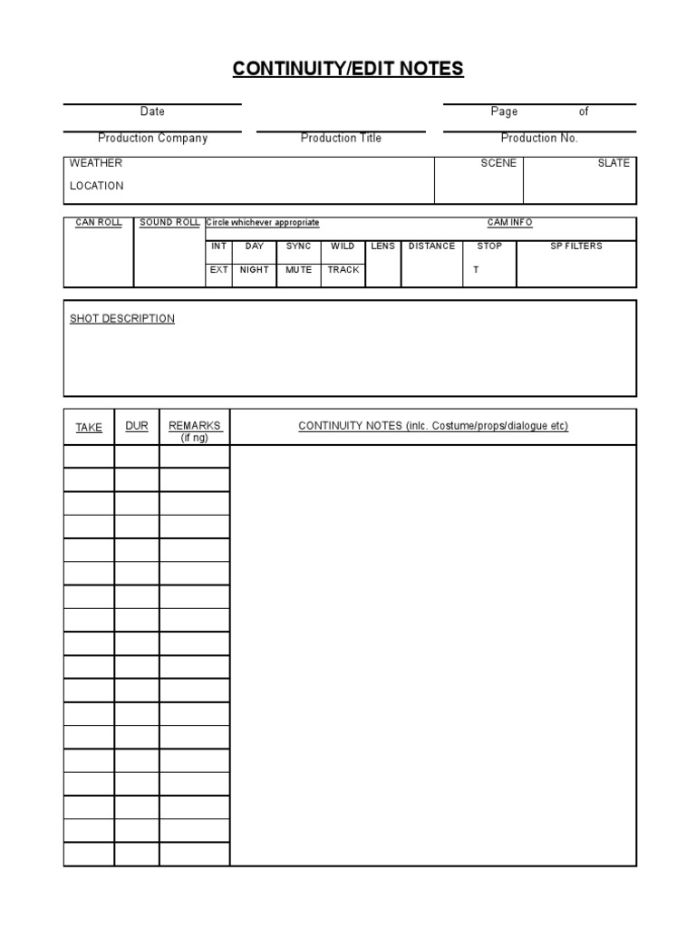 Film Continuity Sheet Template | PDF