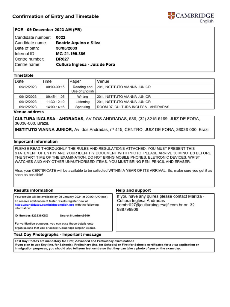 FCE Exam Timetable - 09 Dec 2023 | PDF | Identity Document