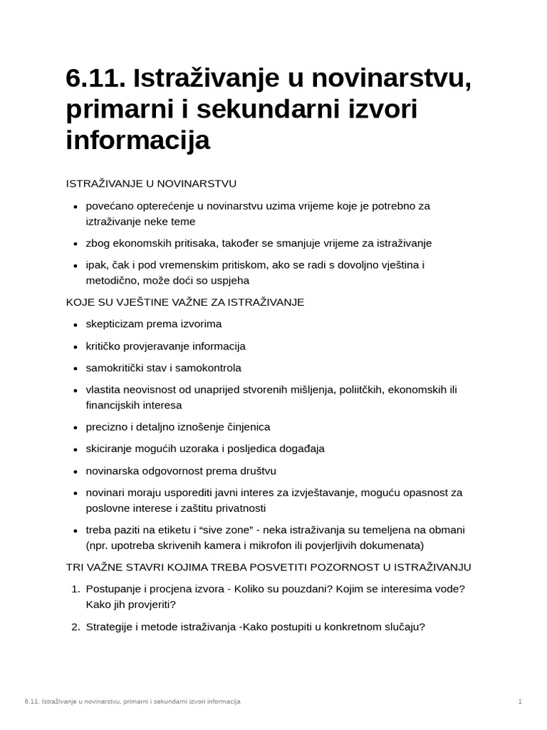 6.11. Istraivanje U Novinarstvu Primarni I Sekundarni Izvori ...
