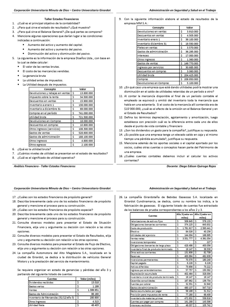 Taller Estados Financieros | PDF | Estado de resultados | Contabilidad
