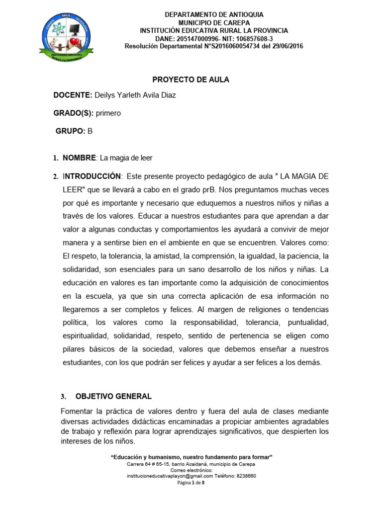 1B. Proyecto de Aula 2024. | PDF | Salón de clases | Educación de la ...