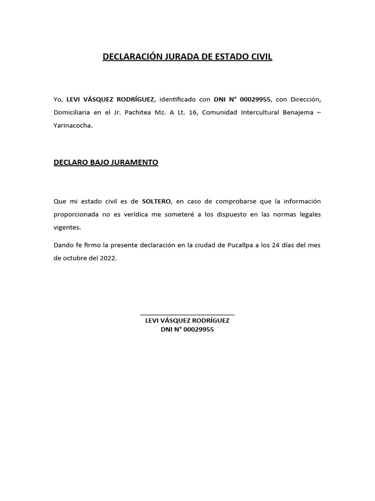 Modelo De Declaracion Jurada De Estado Civil