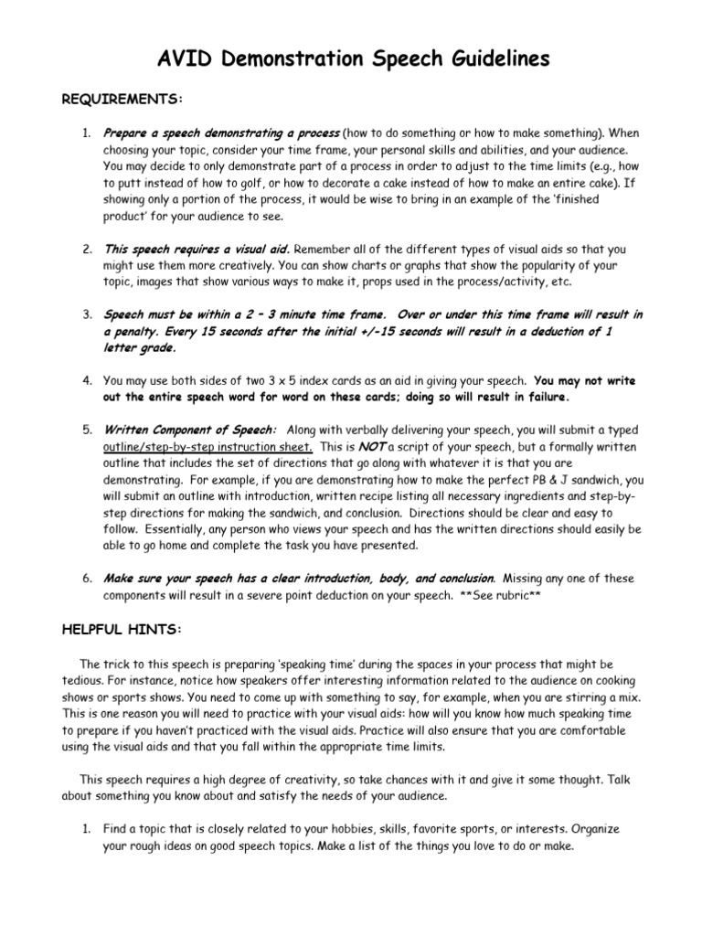 AVID Demonstration Speech Guidelines | PDF | Human Communication ...