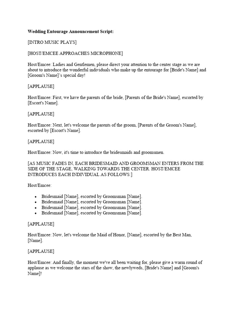 Wedding Entourage Introduction Script | PDF