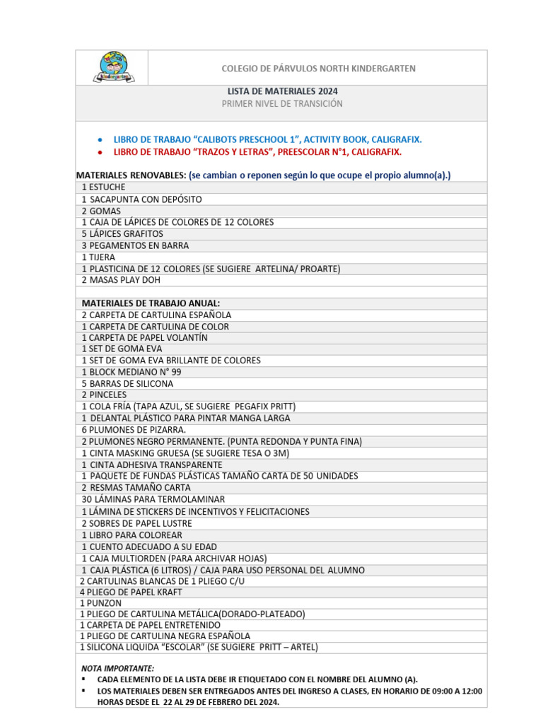 Lista de Materiales 2024 - Primer Nivel | PDF