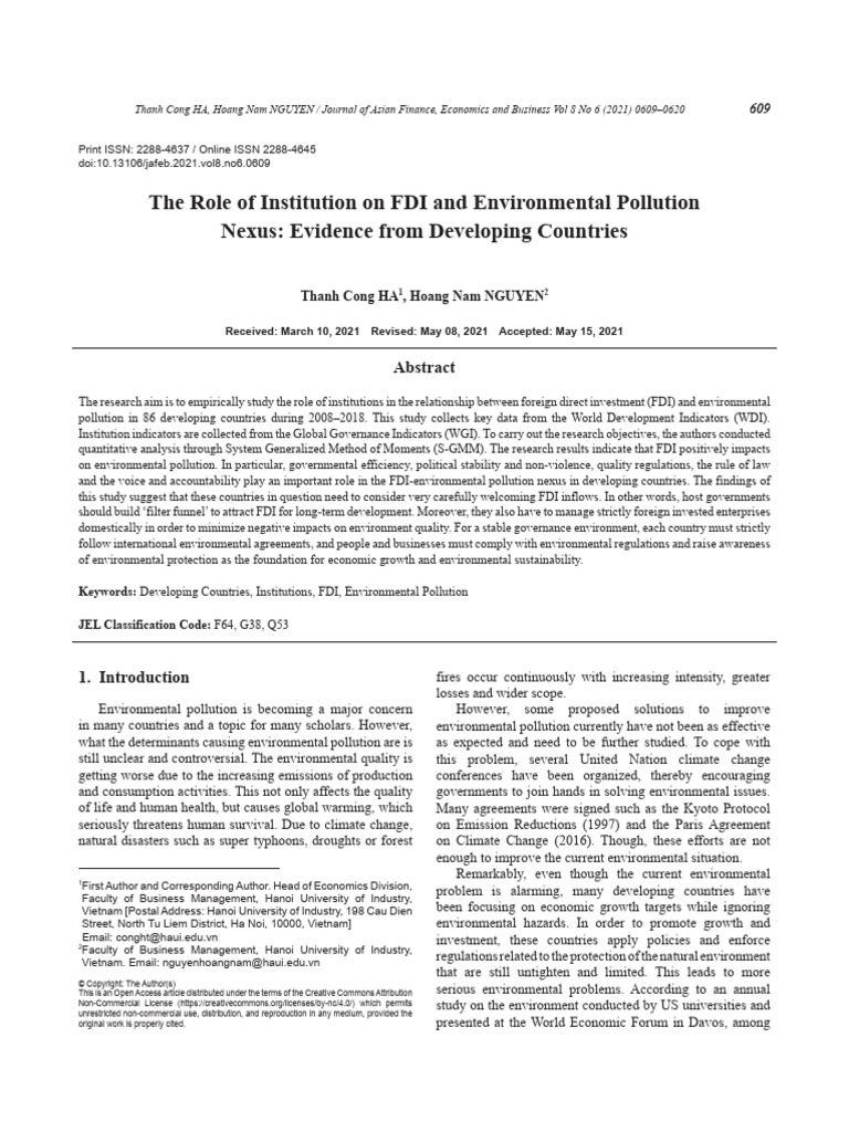 The Role of Institution On FDI and Environmental Pollution Nexus ...