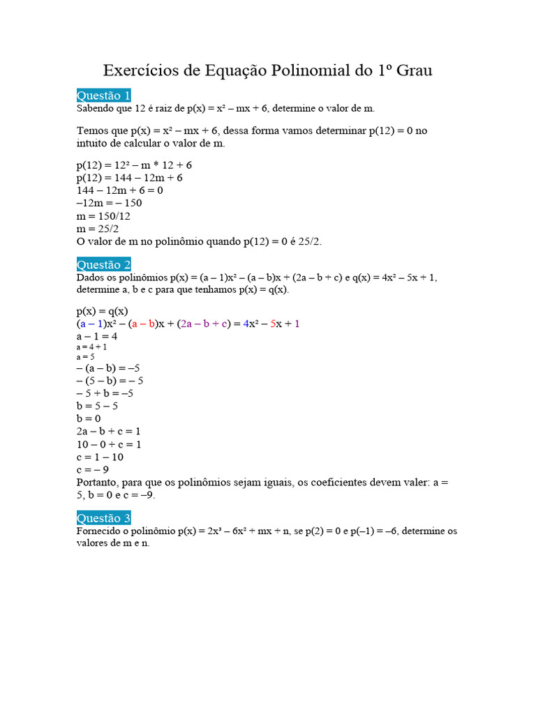 Exercícios de Equação Polinomial 1º Grau | PDF | Função (Matemática ...