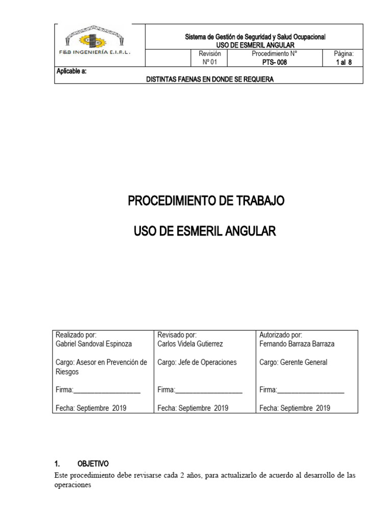 PTS008 Uso de Esmeril Angular PDF Seguridad y salud ocupacional
