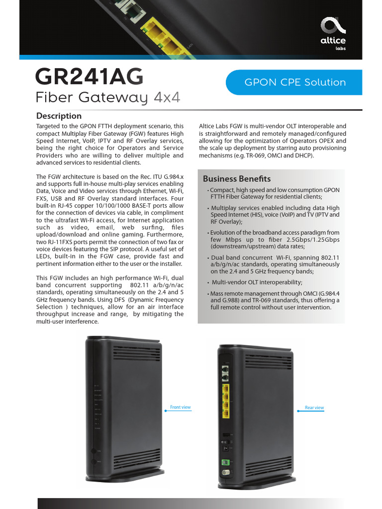 GR241AG Fiber Gateway Overview | PDF | Ieee 802.11 | Fiber To The X